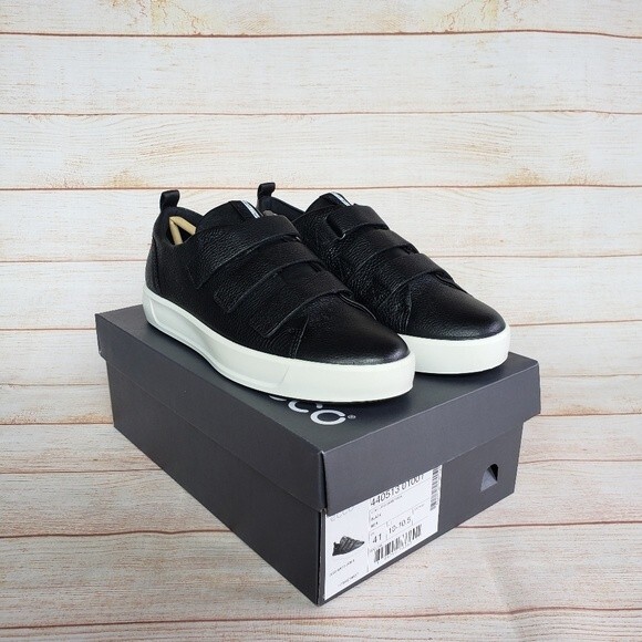 ECCO Soft 8 Ladies Leather Walking Comfortable Shoes w/ Velcro Closure in Black - Picture 1 of 11